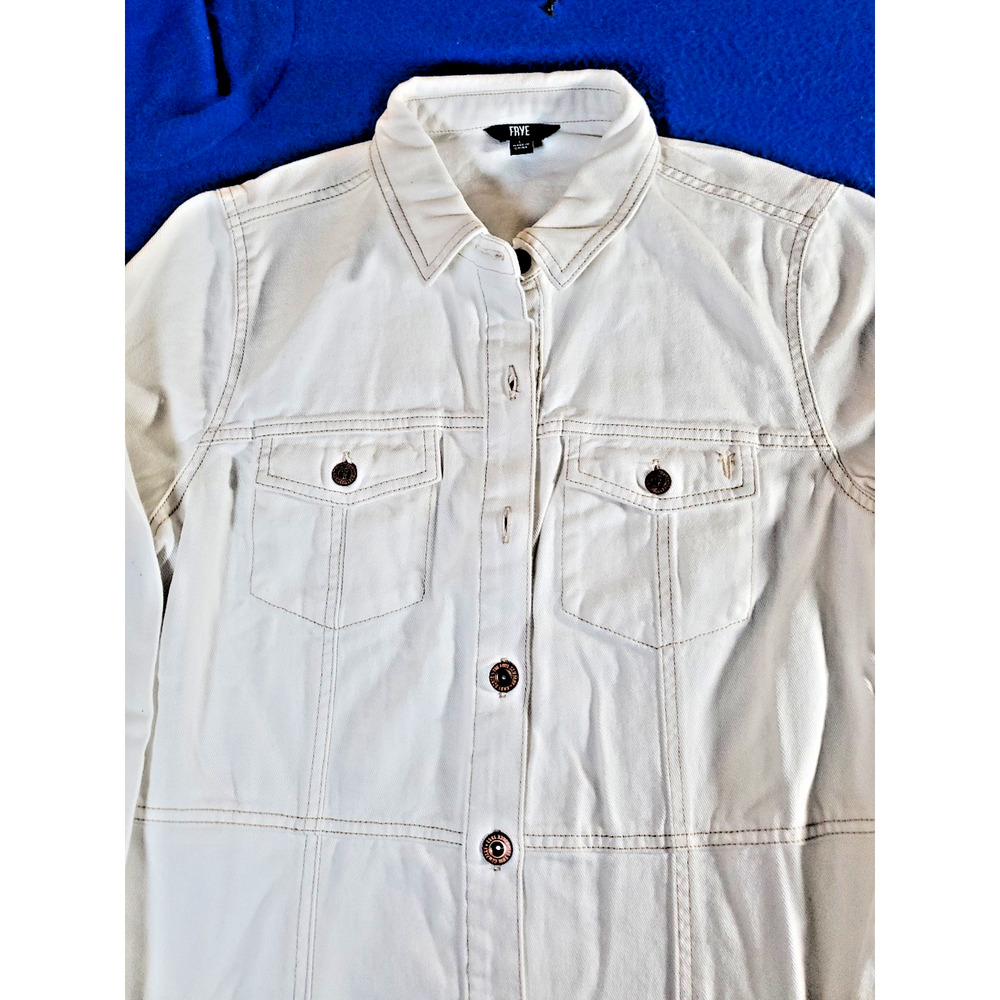 Frye Shirt Dress Women's Large White Denim Long Sleeve ButtonFront Tunic Pockets - Picture 2 of 16